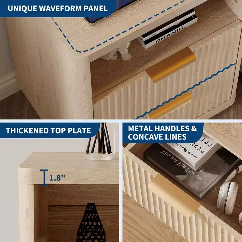Comodino scanalato con 2 cassetti, tavolino da notte moderno di metà secolo con bordi curvi, tavolino in legno per camera da letto e soggiorno, colore legno naturale
