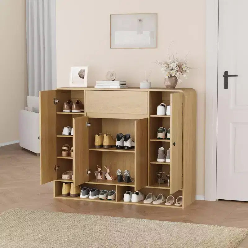Scarpiera da 120 cm con ripiani regolabili, 4 ante, ripiano inferiore, organizer stretto autoportante con angoli arrotondati per ingresso soggiorno