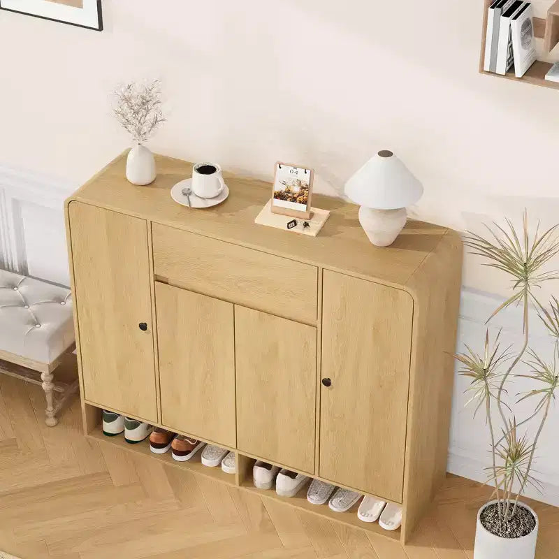 Scarpiera da 120 cm con ripiani regolabili, 4 ante, ripiano inferiore, organizer stretto autoportante con angoli arrotondati per ingresso soggiorno
