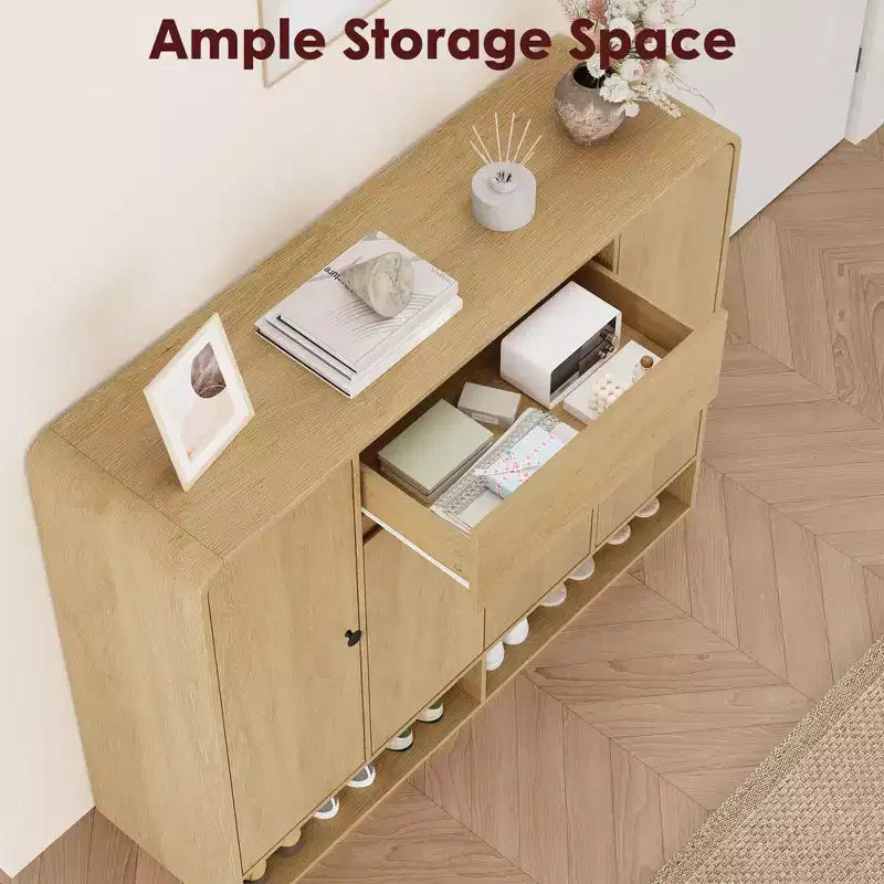 Scarpiera da 120 cm con ripiani regolabili, 4 ante, ripiano inferiore, organizer stretto autoportante con angoli arrotondati per ingresso soggiorno