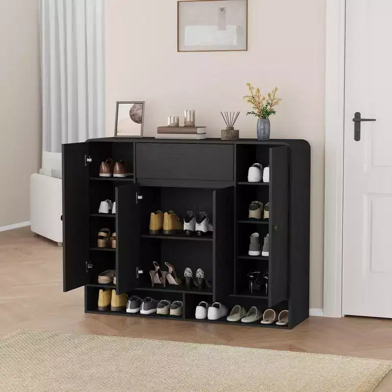 Scarpiera da 120 cm con ripiani regolabili, 4 ante, ripiano inferiore, organizer stretto autoportante con angoli arrotondati per ingresso soggiorno