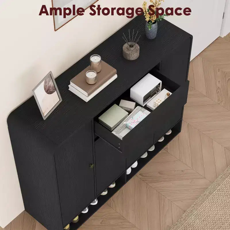 Scarpiera da 120 cm con ripiani regolabili, 4 ante, ripiano inferiore, organizer stretto autoportante con angoli arrotondati per ingresso soggiorno