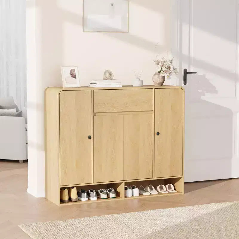 Scarpiera da 120 cm con ripiani regolabili, 4 ante, ripiano inferiore, organizer stretto autoportante con angoli arrotondati per ingresso soggiorno