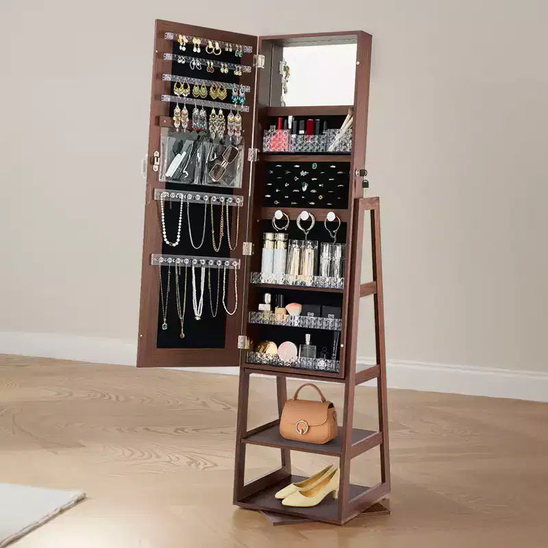 VEVOR Armadietto Portagioie Girevole a 360°, Alto 155 cm, Specchio a Figura Intera con Contenitore, Portagioie Organizzatore Rotante con 2 Chiavi, Marrone