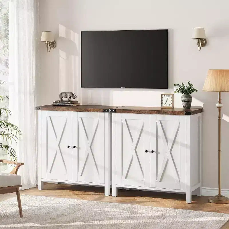 Piccolo Mobile Contenitore a 2 pezzi, Credenza Rustica con 2 Ante e Ripiani Regolabili, Consolle da Ingresso per Soggiorno/Sala da Pranzo/Cucina