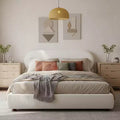 ModernLuxe Queen/King Size Platform Bed with Gourd-Shaped Rubberwood Legs, Cream Boucle Upholstered Bed Frame, No Box Spring Needed
