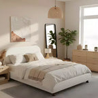 Letto ModernLuxe a Piattaforma Queen/King Size con Gambe a Zucca in Legno di Caucciù, Giroletto Imbottito in Bouclé Crema, Nessuna Rete a Molle Necessaria