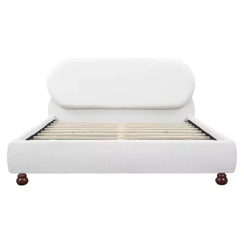 Letto ModernLuxe a Piattaforma Queen/King Size con Gambe a Zucca in Legno di Caucciù, Giroletto Imbottito in Bouclé Crema, Nessuna Rete a Molle Necessaria