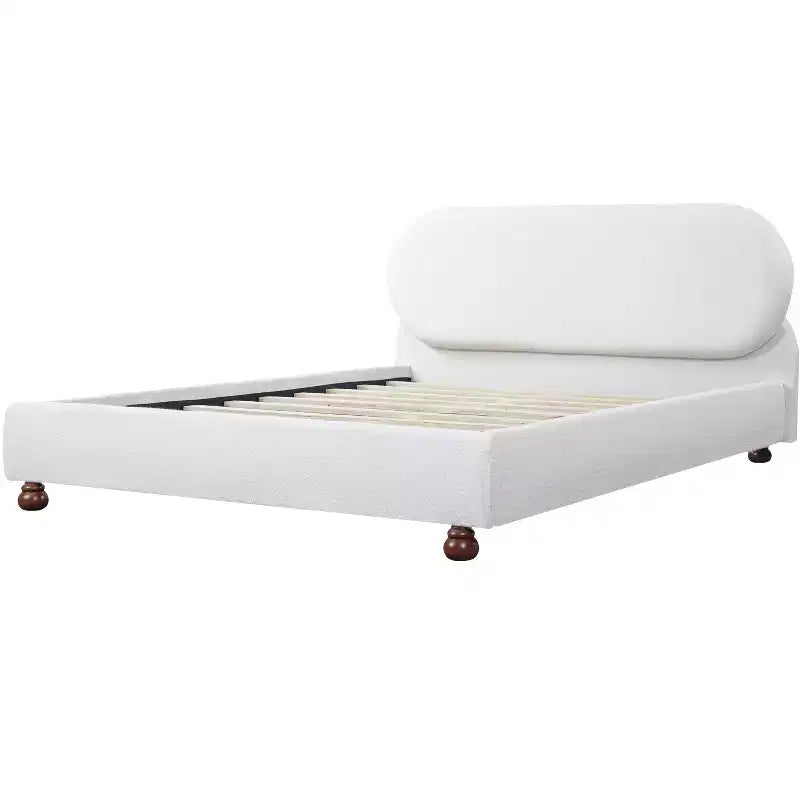 Letto ModernLuxe a Piattaforma Queen/King Size con Gambe a Zucca in Legno di Caucciù, Giroletto Imbottito in Bouclé Crema, Nessuna Rete a Molle Necessaria