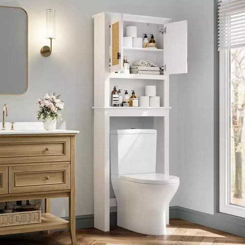 66H Over The Toilet Storage Cabinet, Bathroom Space Saver Organizer with Adjustable Shelves, 2 Rattan Doors, Easy Assembly,FreeStanding Toilet Shelf