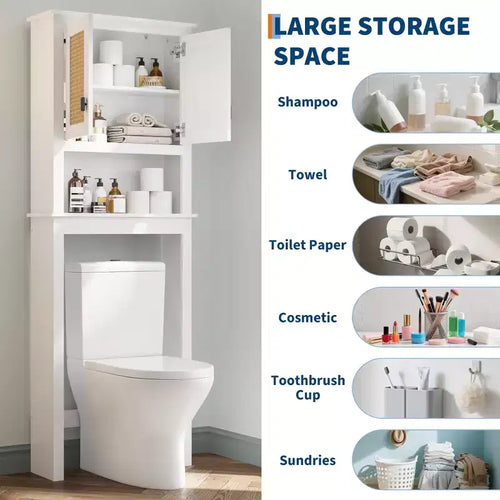 Mobile contenitore da 66H sopra il WC, organizer salvaspazio da bagno con ripiani regolabili, 2 ante in rattan, facile montaggio, mensola autoportante per WC