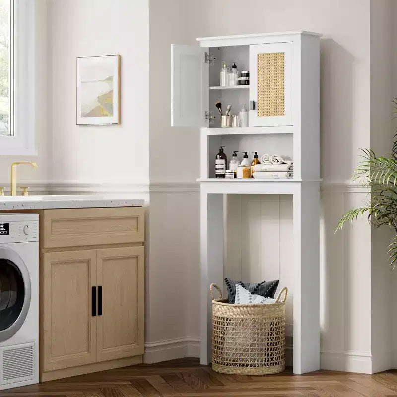 Mobile contenitore da 66H sopra il WC, organizer salvaspazio da bagno con ripiani regolabili, 2 ante in rattan, facile montaggio, mensola autoportante per WC