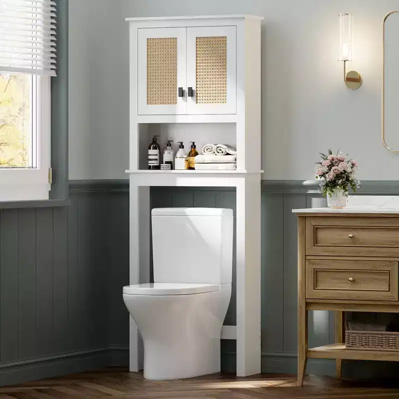 Mobile contenitore da 66H sopra il WC, organizer salvaspazio da bagno con ripiani regolabili, 2 ante in rattan, facile montaggio, mensola autoportante per WC