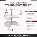 Rev-A-Shelf Lazy Susan a 2 Ripiani a Mezzaluna per Mobili Base Angolari, Plastica, Organizer Girevole da Cucina per Spezie/Barattoli a Doppio Ripiano da 24 Pollici, Bianco, 3472-24-11-52