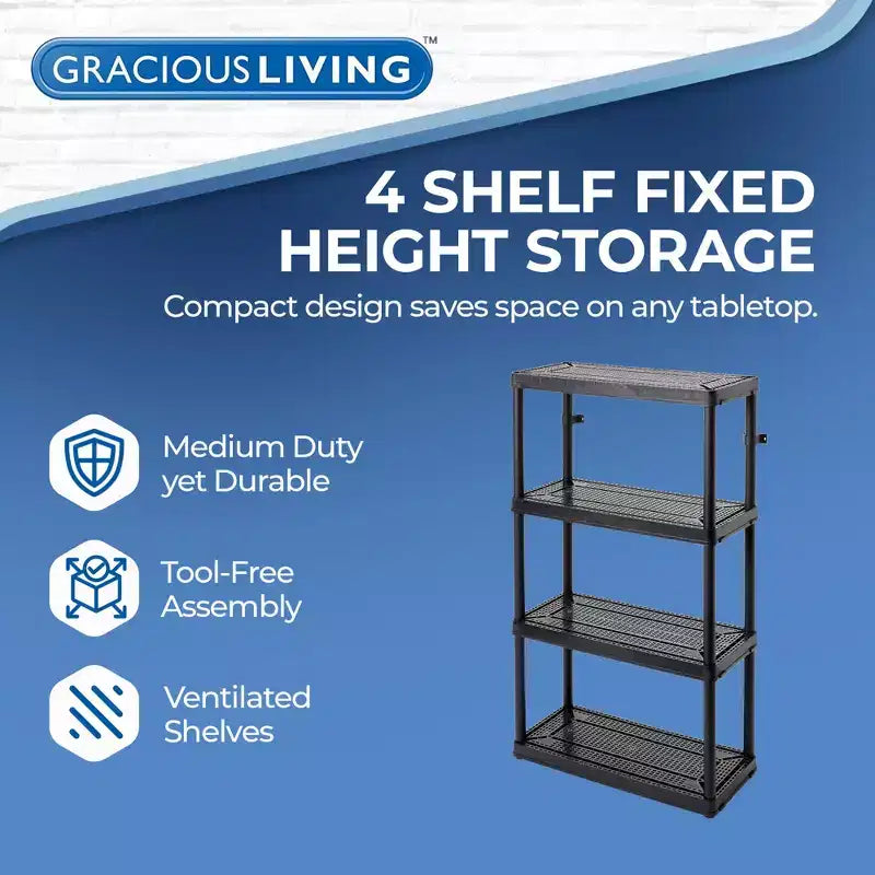 Gracious Living Scaffale portaoggetti ventilato a 4 ripiani ad altezza fissa per impieghi medi 14 x 32 x 54,5 Sistema Organizer per Casa, Garage, Cantina e Lavanderia, Nero