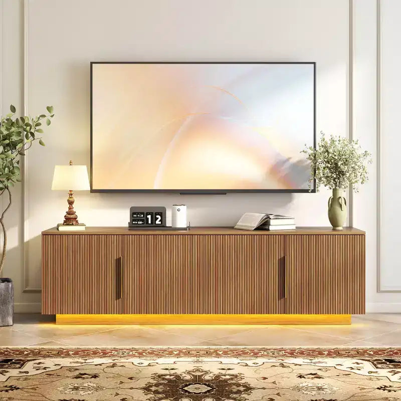 Zevemomo 67.7 Farmhouse TV Stand for 75 Inch TV with 16 Color LED Lights, 6 Storage Compartments, Media Console for Living Room, Brown
