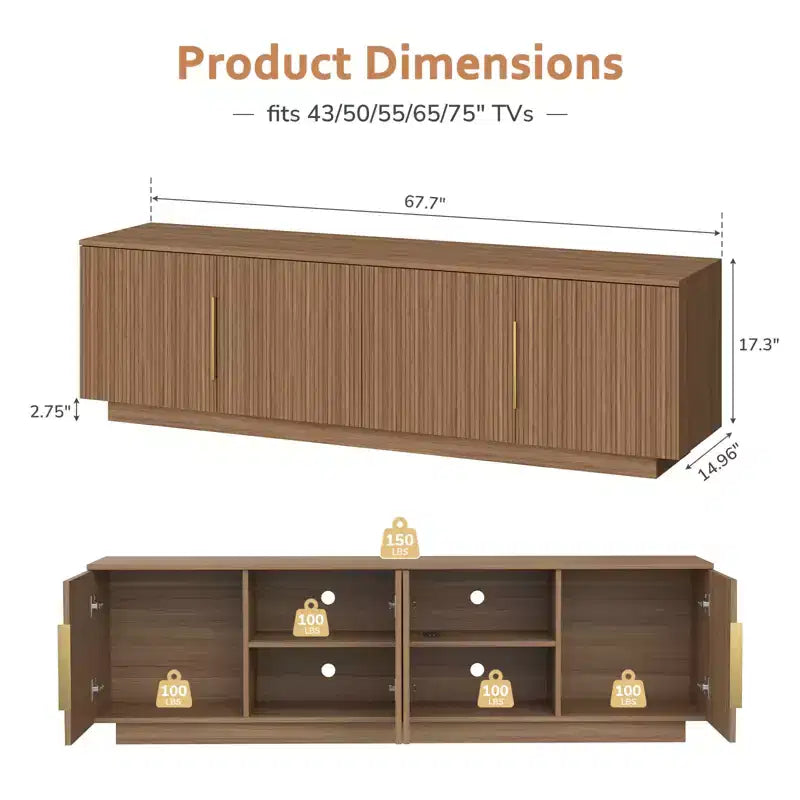 Mobile TV Zevemomo 67.7 stile rustico per TV da 75 pollici con luci LED a 16 colori, 6 scomparti, consolle multimediale per soggiorno, marrone
