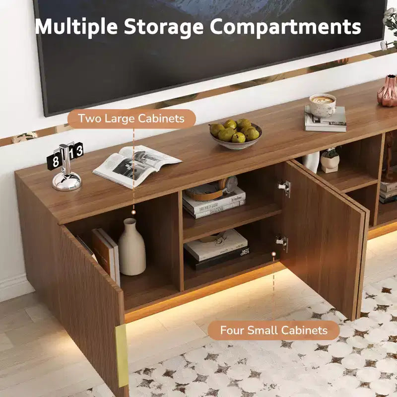 Mobile TV Zevemomo 67.7 stile rustico per TV da 75 pollici con luci LED a 16 colori, 6 scomparti, consolle multimediale per soggiorno, marrone