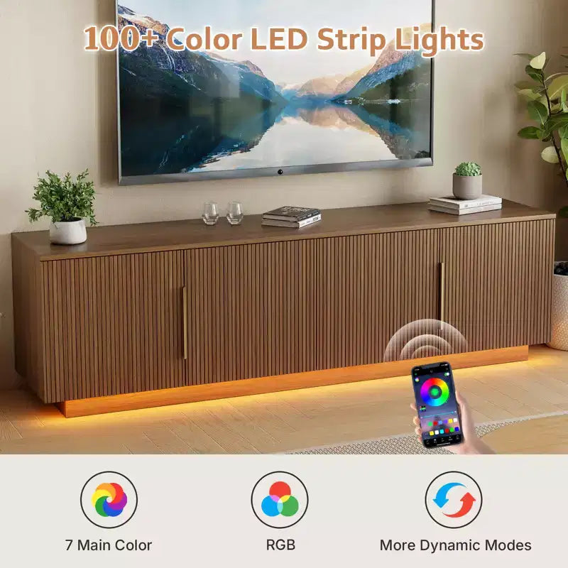Mobile TV Zevemomo 67.7 stile rustico per TV da 75 pollici con luci LED a 16 colori, 6 scomparti, consolle multimediale per soggiorno, marrone