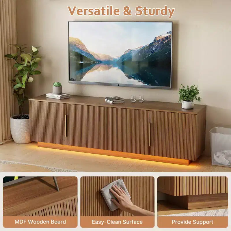 Mobile TV Zevemomo 67.7 stile rustico per TV da 75 pollici con luci LED a 16 colori, 6 scomparti, consolle multimediale per soggiorno, marrone