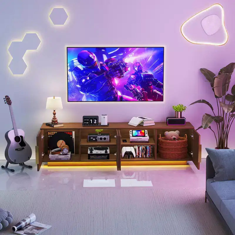 Mobile TV Zevemomo 67.7 stile rustico per TV da 75 pollici con luci LED a 16 colori, 6 scomparti, consolle multimediale per soggiorno, marrone