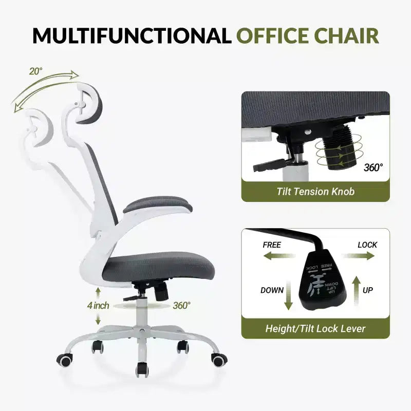 Sedia da Ufficio Ergonomica in Rete Traspirante per Casa e Scrivania - Base in Metallo e Braccioli Ribaltabili