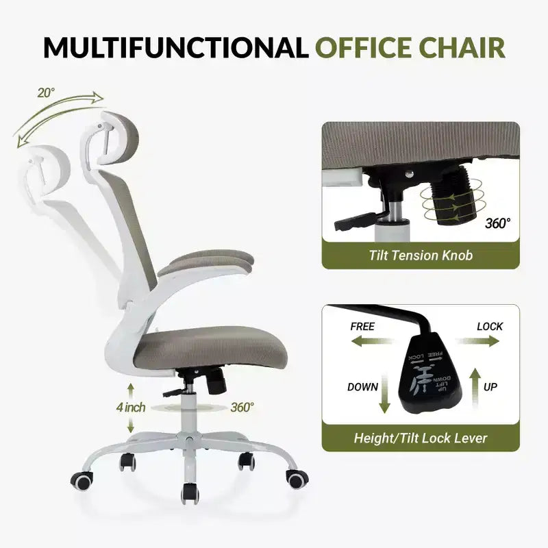 Sedia da Ufficio Ergonomica in Rete Traspirante per Casa e Scrivania - Base in Metallo e Braccioli Ribaltabili