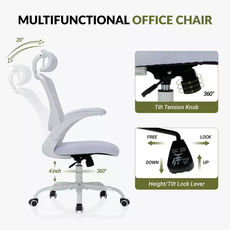 Sedia da Ufficio Ergonomica in Rete Traspirante per Casa e Scrivania - Base in Metallo e Braccioli Ribaltabili