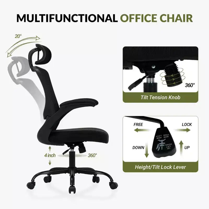 Sedia da Ufficio Ergonomica in Rete Traspirante per Casa e Scrivania - Base in Metallo e Braccioli Ribaltabili
