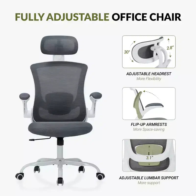 Sedia da Ufficio Ergonomica in Rete Traspirante per Casa e Scrivania - Base in Metallo e Braccioli Ribaltabili