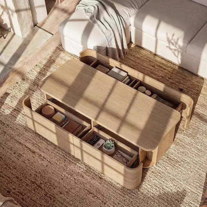Tavolino da caffè Homsee a 4 cassetti con contenitore, tavolino d'appoggio moderno per soggiorno, finitura rovere chiaro
