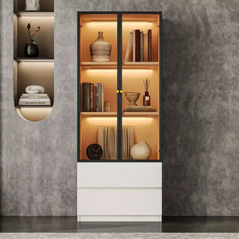 ATJafurn Vetrina illuminata da 23,6 pollici, credenza moderna da pranzo con 2 cassetti e 3 ripiani per cucina, sala da pranzo e soggiorno