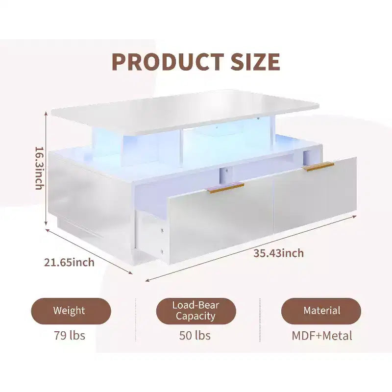 COZONY Tavolino Moderno da Salotto 35'' con 4 Cassetti e Ripiano Aperto, Tavolo Centrale Rettangolare Bianco Lucido per Soggiorno