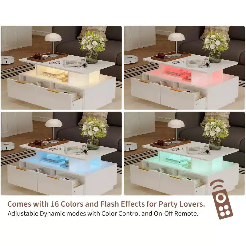 COZONY Tavolino Moderno da Salotto 35'' con 4 Cassetti e Ripiano Aperto, Tavolo Centrale Rettangolare Bianco Lucido per Soggiorno