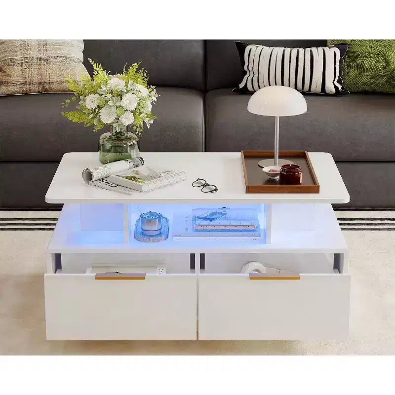 COZONY Tavolino Moderno da Salotto 35'' con 4 Cassetti e Ripiano Aperto, Tavolo Centrale Rettangolare Bianco Lucido per Soggiorno