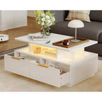 COZONY Tavolino Moderno da Salotto 35'' con 4 Cassetti e Ripiano Aperto, Tavolo Centrale Rettangolare Bianco Lucido per Soggiorno