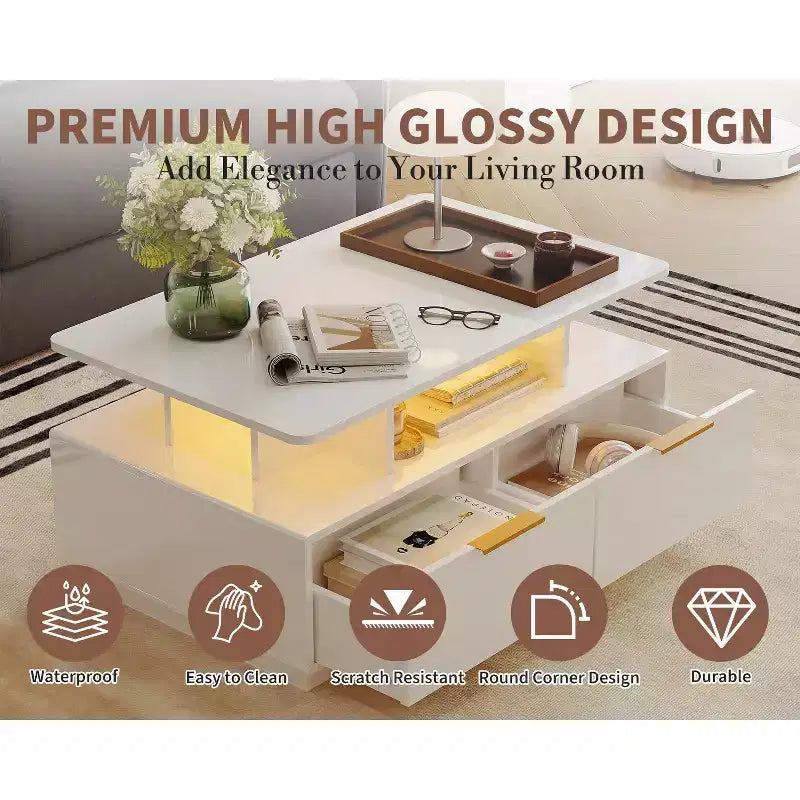 COZONY Tavolino Moderno da Salotto 35'' con 4 Cassetti e Ripiano Aperto, Tavolo Centrale Rettangolare Bianco Lucido per Soggiorno