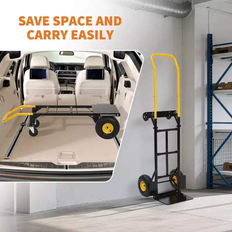 Carrello a mano convertibile, carrello pieghevole 2-in-1 con 4 ruote antiforatura, portata pesante di 180 kg, per traslochi, magazzino, ufficio e uso industriale