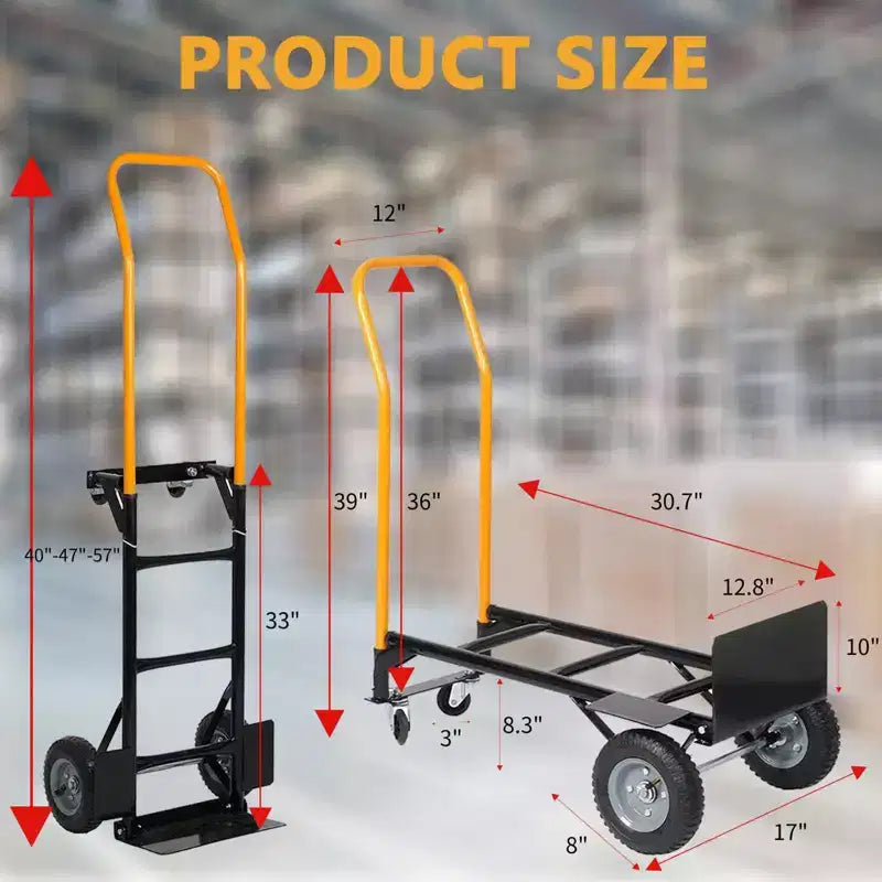 Carrello a mano convertibile, carrello pieghevole 2-in-1 con 4 ruote antiforatura, portata pesante di 180 kg, per traslochi, magazzino, ufficio e uso industriale