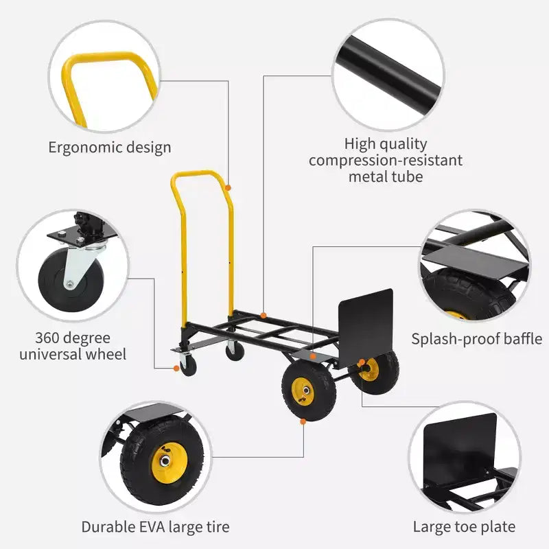 Carrello a mano convertibile, carrello pieghevole 2-in-1 con 4 ruote antiforatura, portata pesante di 180 kg, per traslochi, magazzino, ufficio e uso industriale