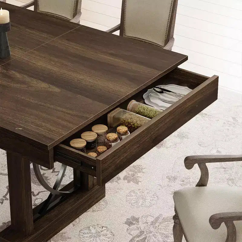 Tavolo da pranzo rettangolare in legno da 71 pollici, stile farmhouse, per 6-8 persone, tavolo da cucina con 2 ampi cassetti e piano spesso, struttura robusta per famiglie numerose