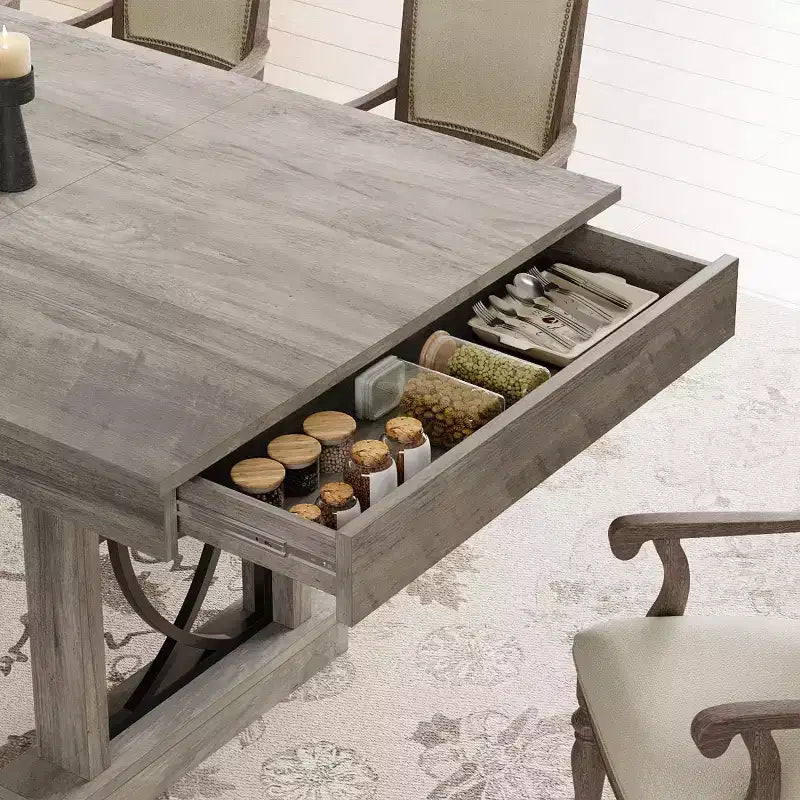 Tavolo da pranzo rettangolare in legno da 71 pollici, stile farmhouse, per 6-8 persone, tavolo da cucina con 2 ampi cassetti e piano spesso, struttura robusta per famiglie numerose