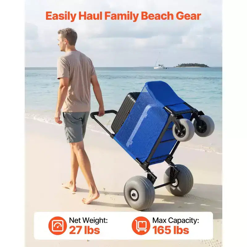 Carretto da Spiaggia VEVOR con Ruote Grandi per Sabbia, Capacità di Carico 75 kg, Carretto Pieghevole Pesante per Spiaggia con 12 Ruote a Palloncino, Borsa di Stoccaggio, Blu+Nero