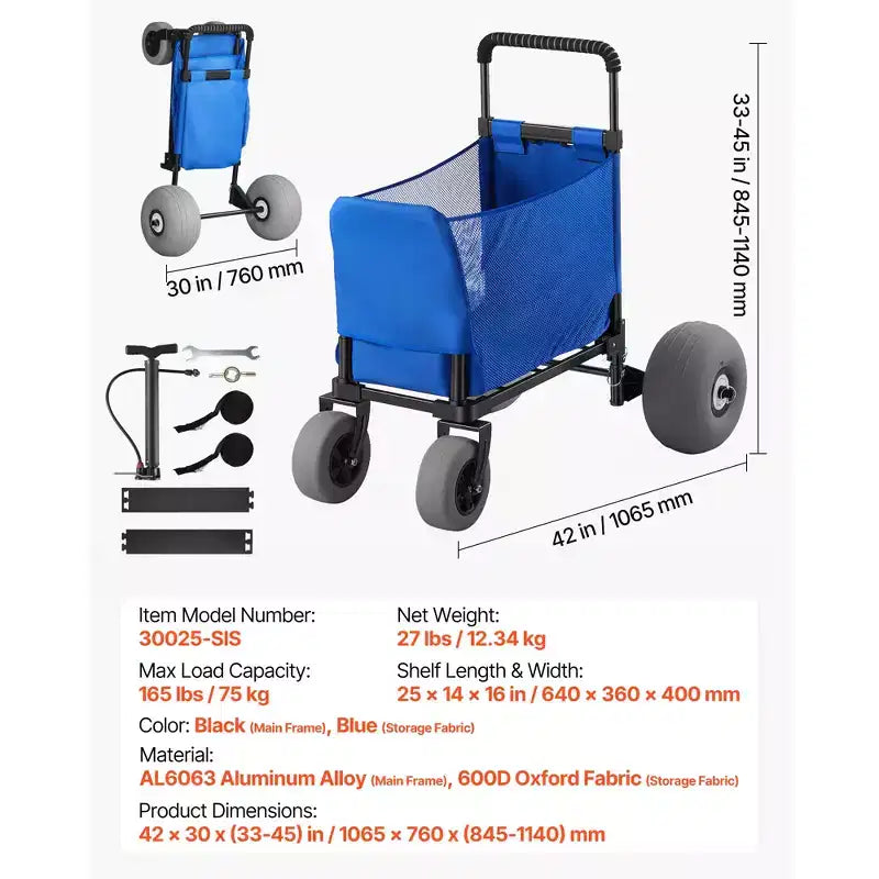 Carretto da Spiaggia VEVOR con Ruote Grandi per Sabbia, Capacità di Carico 75 kg, Carretto Pieghevole Pesante per Spiaggia con 12 Ruote a Palloncino, Borsa di Stoccaggio, Blu+Nero