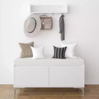 Set mobile da ingresso a parete FurnitureR con ganci e panca contenitore, scarpiera moderna bianca con cuscino, Bianco Sporco