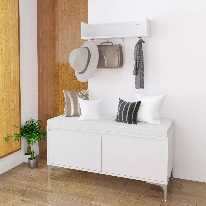 Set mobile da ingresso a parete FurnitureR con ganci e panca contenitore, scarpiera moderna bianca con cuscino, Bianco Sporco
