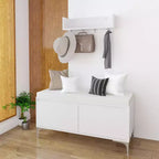 Set mobile da ingresso a parete FurnitureR con ganci e panca contenitore, scarpiera moderna bianca con cuscino, Bianco Sporco