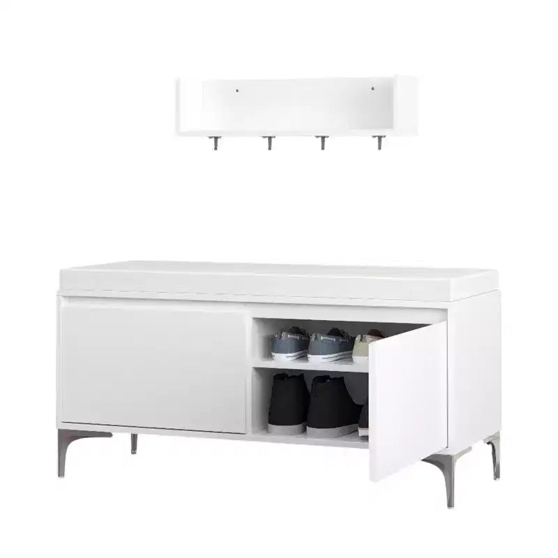 Set mobile da ingresso a parete FurnitureR con ganci e panca contenitore, scarpiera moderna bianca con cuscino, Bianco Sporco