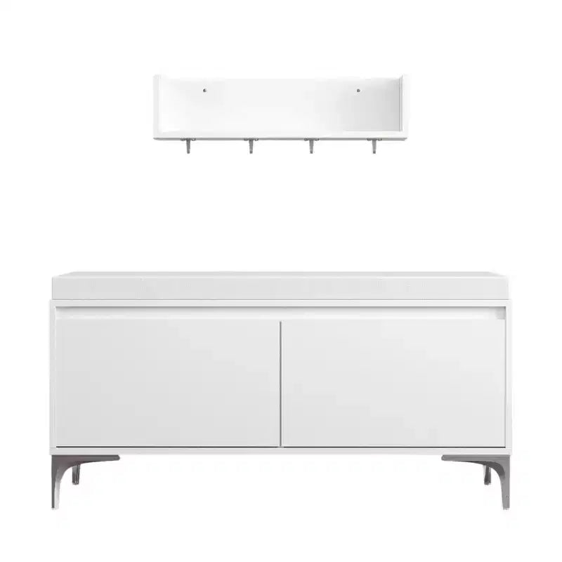 Set mobile da ingresso a parete FurnitureR con ganci e panca contenitore, scarpiera moderna bianca con cuscino, Bianco Sporco