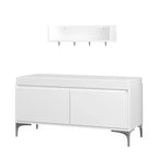 Set mobile da ingresso a parete FurnitureR con ganci e panca contenitore, scarpiera moderna bianca con cuscino, Bianco Sporco